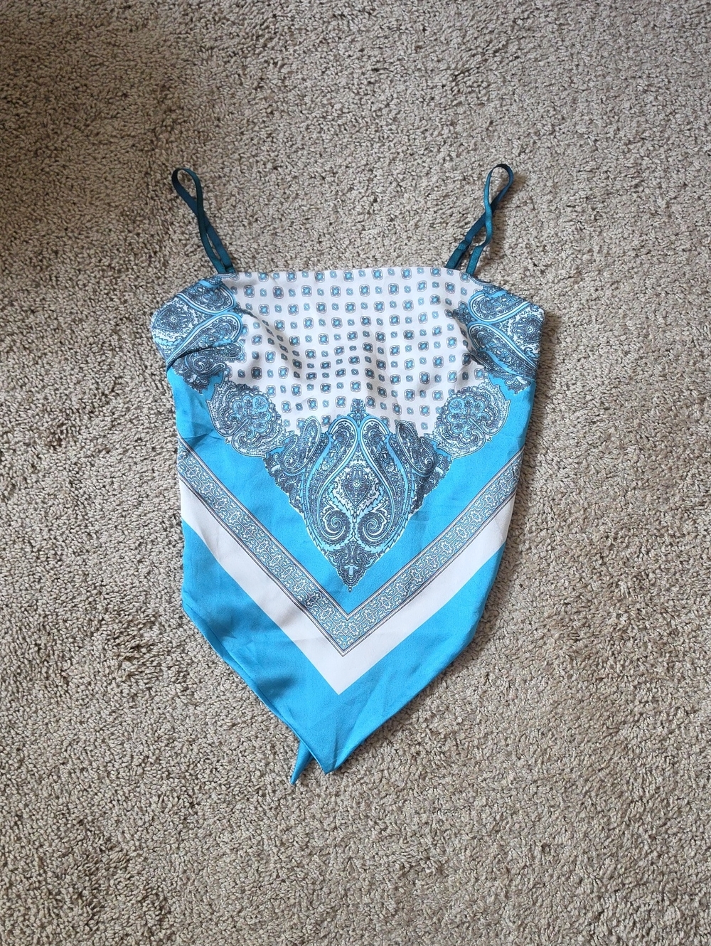 Blue Paisley Handkerchief Hem Tank Top with Tie Back